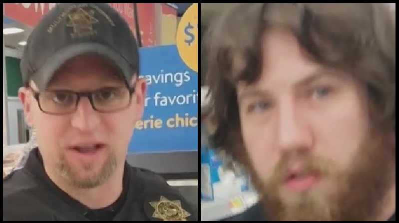 A Walmart security guard, left, and a Walmart associate Joe Williams in cell phone video taken by Michael Mangum when he was racially profiled in 2020. Video released August 22, 2022 by attorney Jason Kafoury