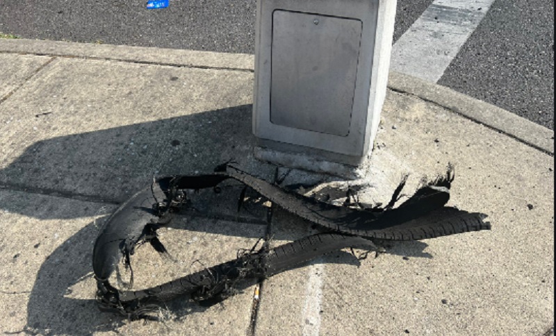 Shredded rubber at NE 72nd and Sandy in Portland following a street takeover by hundreds of people and cars, August 29, 2022 (KOIN)