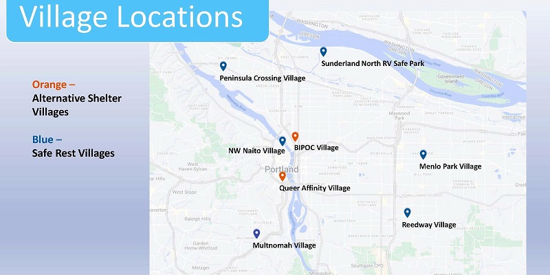 A map showing the proposed Safe Rest Village sites from the City of Portland, 2022