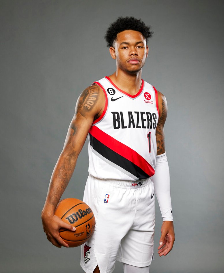 Portland Trail Blazers guard Anfernee Simons poses for a portrait during the NBA basketball team's media day in Portland, Ore., Monday, Sept. 26, 2022. (AP Photo/Craig Mitchelldyer)