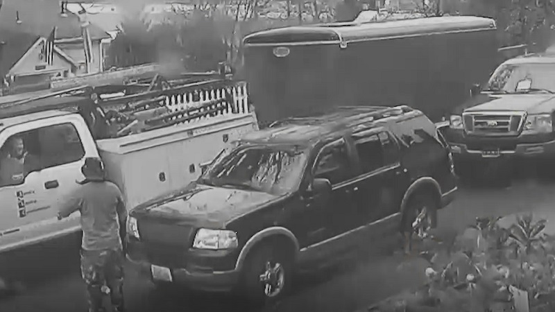 Surveillance video shows trucks outside the Hendon house on North Houghton Street in Portland's Kenton neighborhood, undated, provided September 2022 (Courtesy)