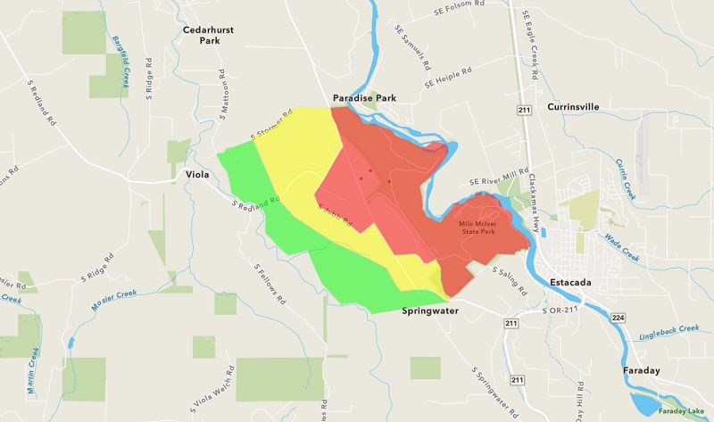 An evacuation level map for the Milo McIver State Park Fire - red is Go Now, yellow is Get Ready to Leave, green is Stay Alert -- released 6:20 p.m., September 10, 2022 (Clackamas County)