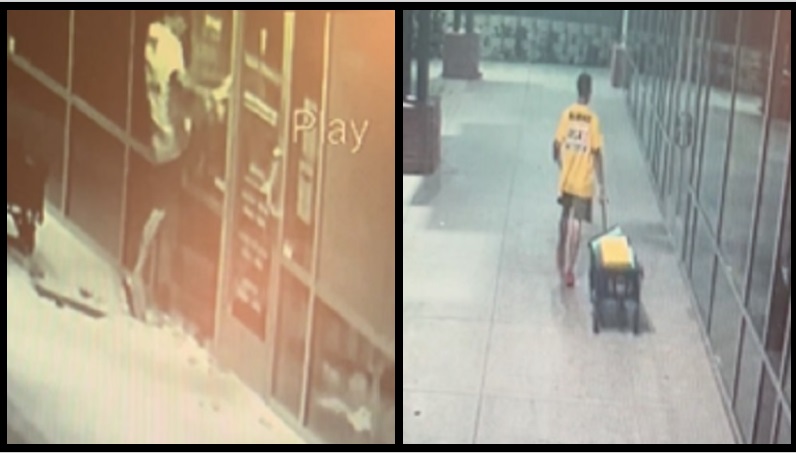 Still frames from surveillance video show a man breaking into a Parkrose business then walking away with a wagon filled with items, September 2022 (Courtesy to KOIN)