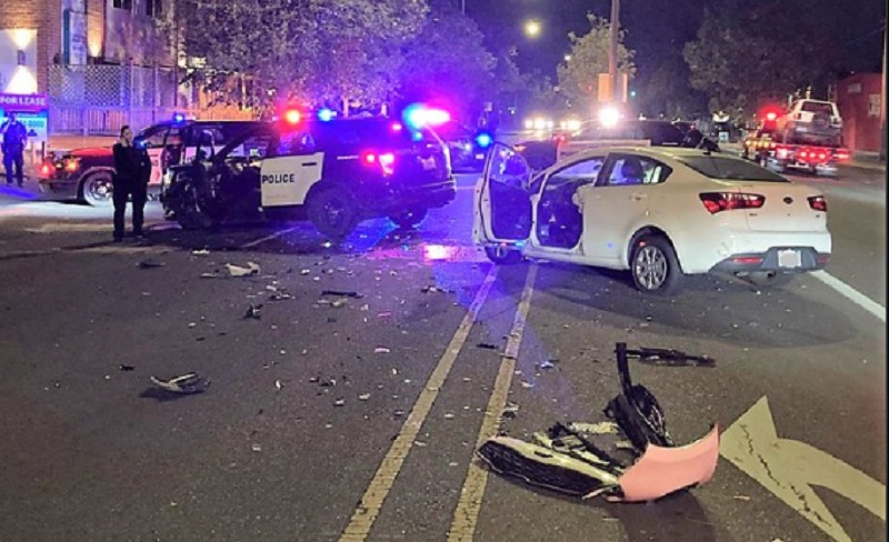 A speeding driver hit a PPB patrol car at SE Powell and 67th, sending 2 officers for treatment, September 24, 2022 (PPB)