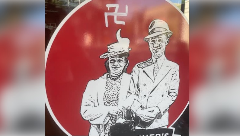 A swastika was painted on the sign for Ben & Esther's Vegan Jewish Deli on NE Alberta in Portland, October 8, 2022 (Justin King)