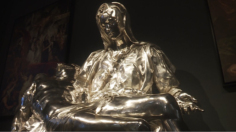 A close up of a pure silver replica of Michelangelo's The Pieta, worth $70 million, created at Foundry Michelangelo in Battle Ground. October 2022 (KOIN)