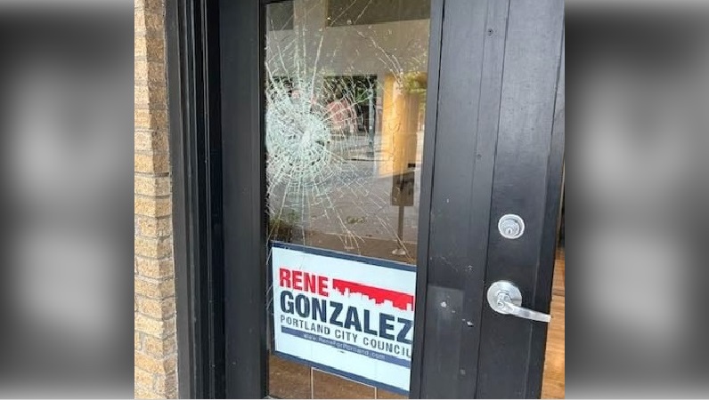 The glass in the door of the campaign headquarters for City Council candidate Rene Gonzalez was shattered late Saturday, Oct. 29, 2022 (Courtesy: Rene for Portland via Portland Tribune)