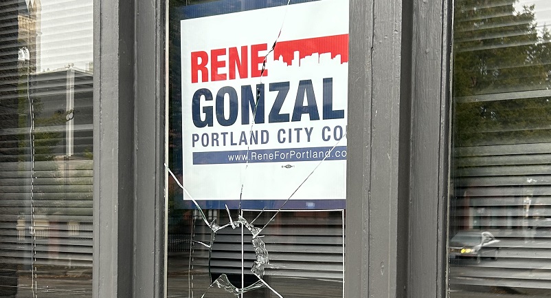 A rock was thrown through the windows at the Rene Gonzalez campaign headquarters in Portland, October 30, 2022 (Rene for Portland)