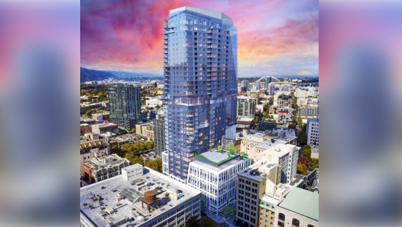 A rendering of the exterior of the Ritz-Carlton Portland at SW 9th and Washington, October 2022 (BPM/Ritz-Carlton Residences)