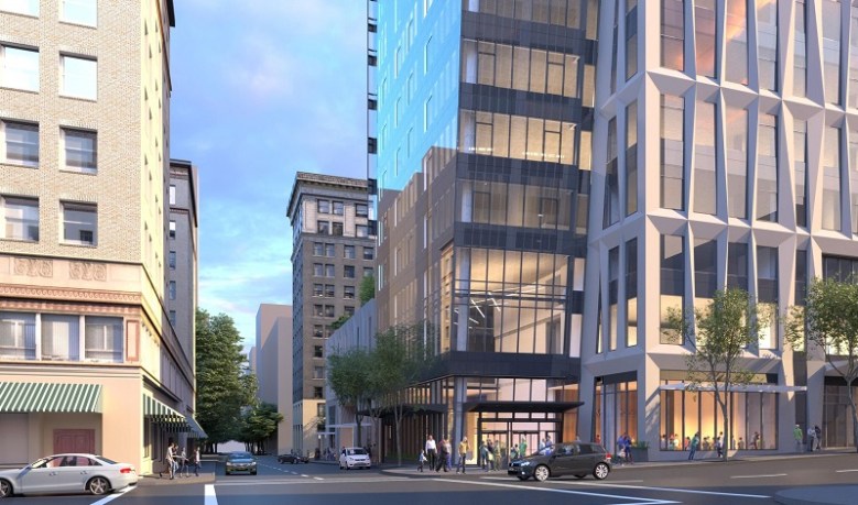 A rendering of the exterior of the Ritz-Carlton Portland at SW 9th and Washington, October 2022 (BPM/Ritz-Carlton Residences)