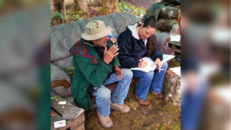 CONTRIBUTED PHOTO – Retired Army 1st Sergeant Tina Kennedy counsels a homeless veteran after starting her Fort Kennedy nonprofit organization.