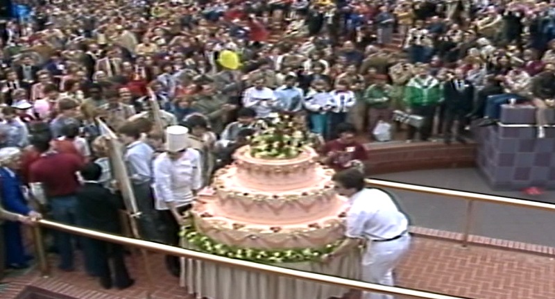 A giant cake was brought into Pioneer Courthouse Square when it opened, April 6, 1984 (KOIN)