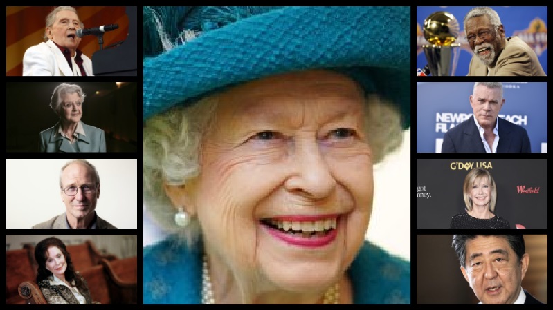 Clockwise from upper left: Jerry Lee Lewis, Queen Elizabeth, Bill Russell, Ray Liotta, Olivia Newton-John, Shinzo Abe, Loretta Lynn, William Hurt, Angela Lansbury (Associated Press)