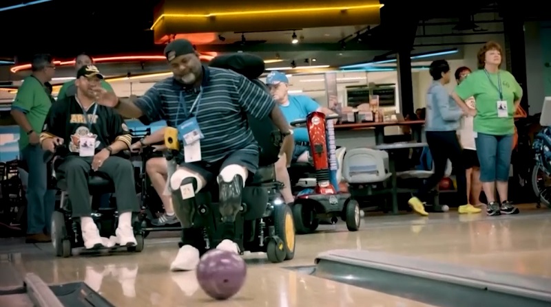 A wheelchair bowler competes in the Wheelchair Games, undated (US Dept. of Veterans Affairs)