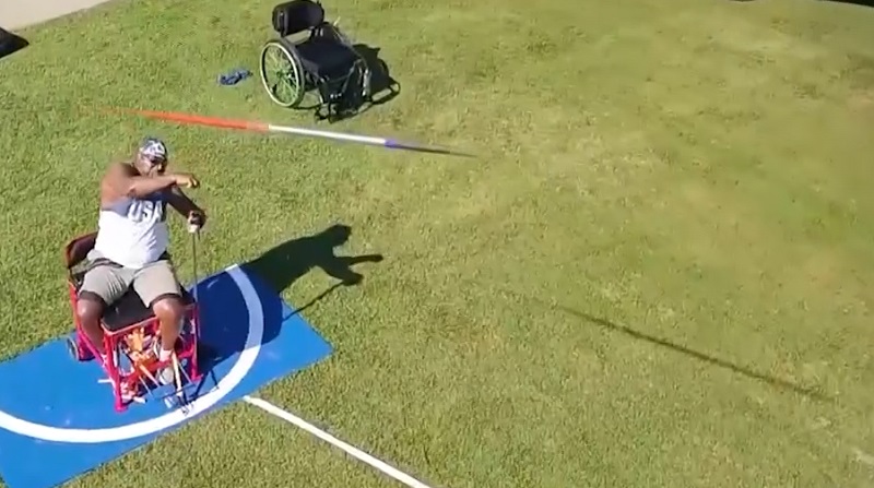 A wheelchair javelin athlete competes in the Wheelchair Games, undated (US Dept. of Veterans Affairs)