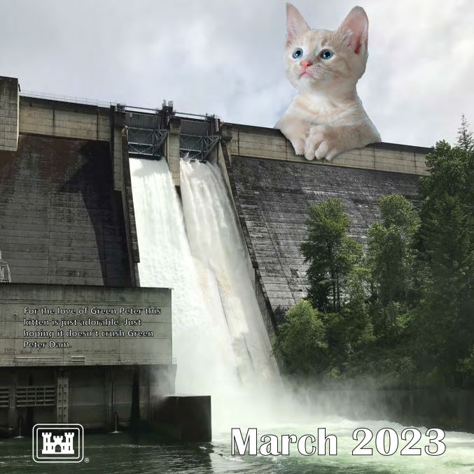 The Portland District of the U.S. Army Corps of Engineers created a 2023 calendar with giant cats photoshopped into Oregon infrastructure. It's now getting national and international attention. Photo courtesy U.S. Army Corps of Engineers