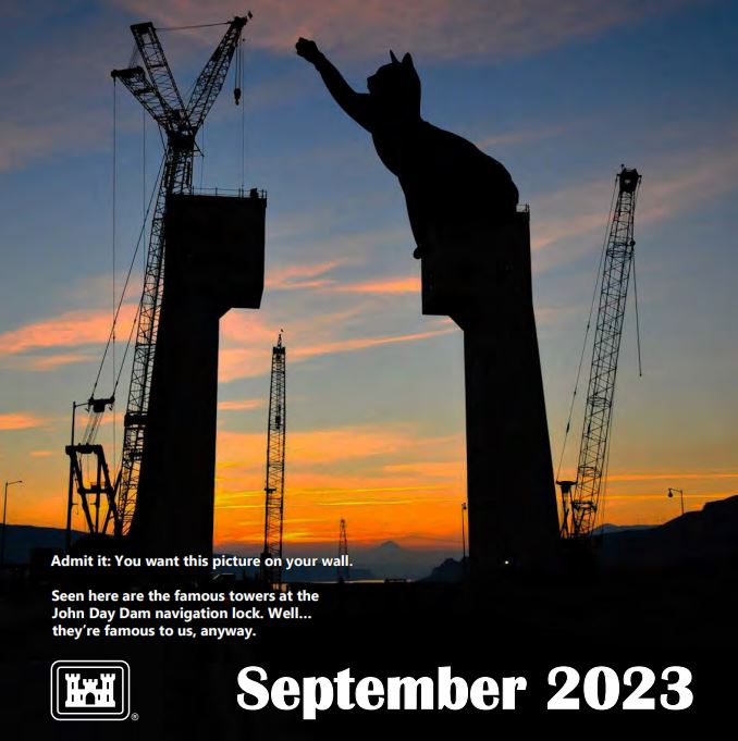 The Portland District of the U.S. Army Corps of Engineers created a 2023 calendar with giant cats photoshopped into Oregon infrastructure. It's now getting national and international attention. Photo courtesy U.S. Army Corps of Engineers