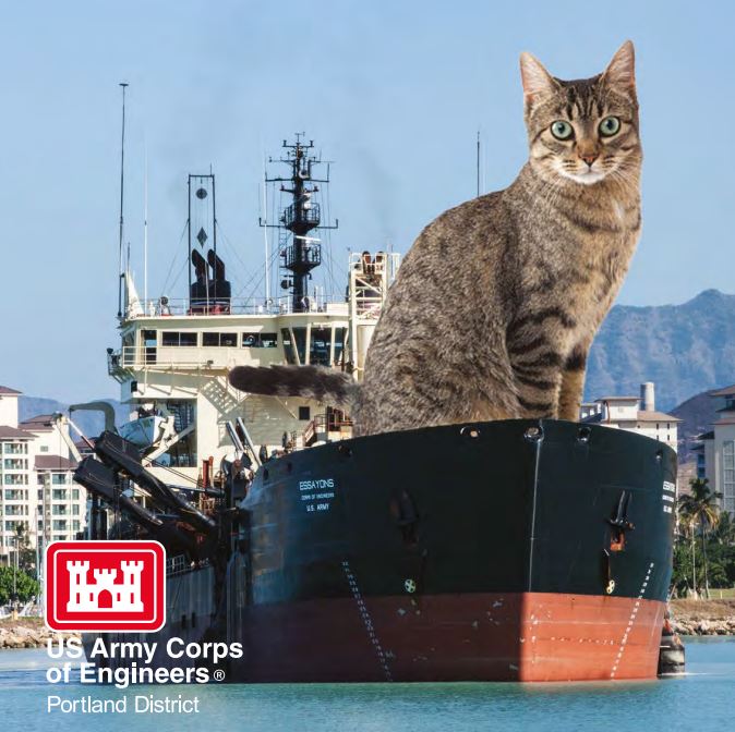 The Portland District of the U.S. Army Corps of Engineers created a 2023 calendar with giant cats photoshopped into Oregon infrastructure. It's now getting national and international attention. Photo courtesy U.S. Army Corps of Engineers