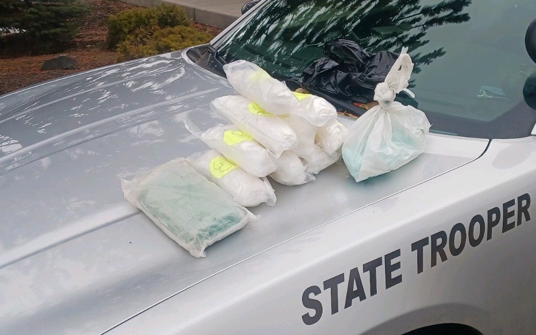 Oregon State Police found 10 pounds of methamphetamine along with what they believe are heroin and counterfeit fentanyl pills during a traffic stop near Klamath Falls on Jan. 18, 2023. Photo courtesy Oregon State Police