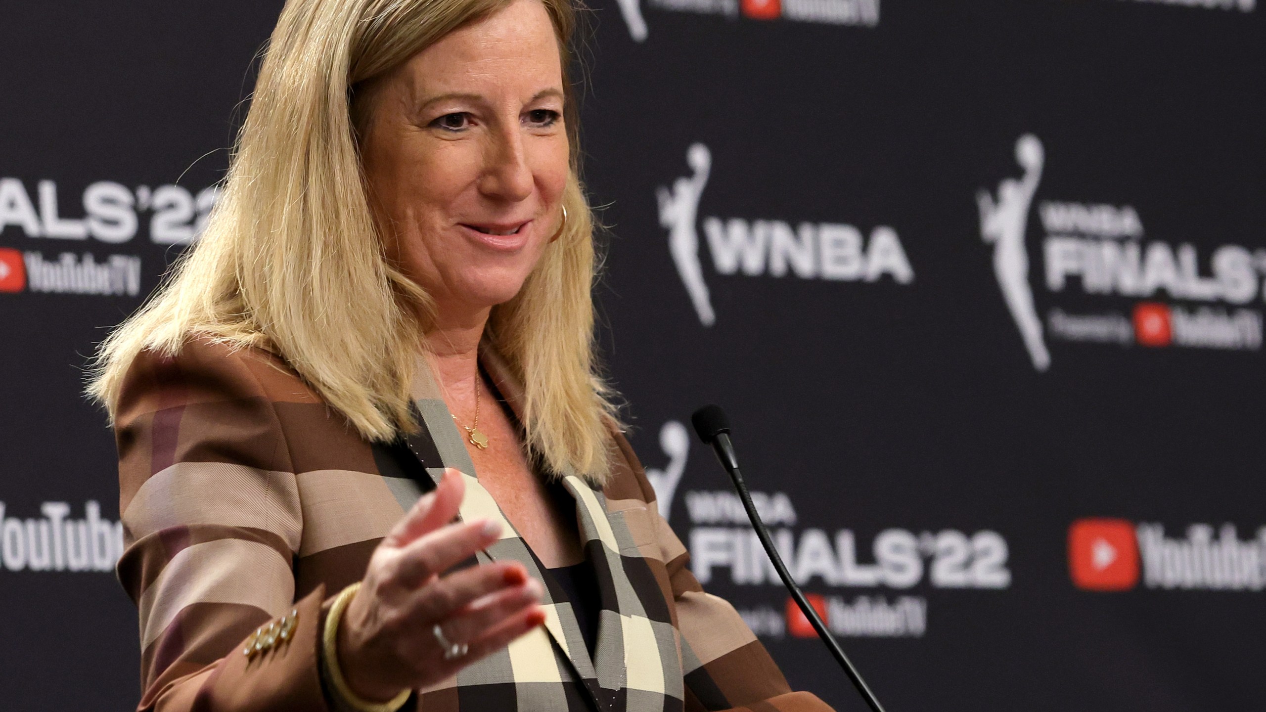 WNBA Commissioner Cathy Engelbert speaks during a news conference before Game One of the 2022 WNBA Playoffs finals between the Connecticut Sun and the Las Vegas Aces at Michelob ULTRA Arena on September 11, 2022 in Las Vegas, Nevada. NOTE TO USER: User expressly acknowledges and agrees that, by downloading and or using this photograph, User is consenting to the terms and conditions of the Getty Images License Agreement. (Photo by Ethan Miller/Getty Images)