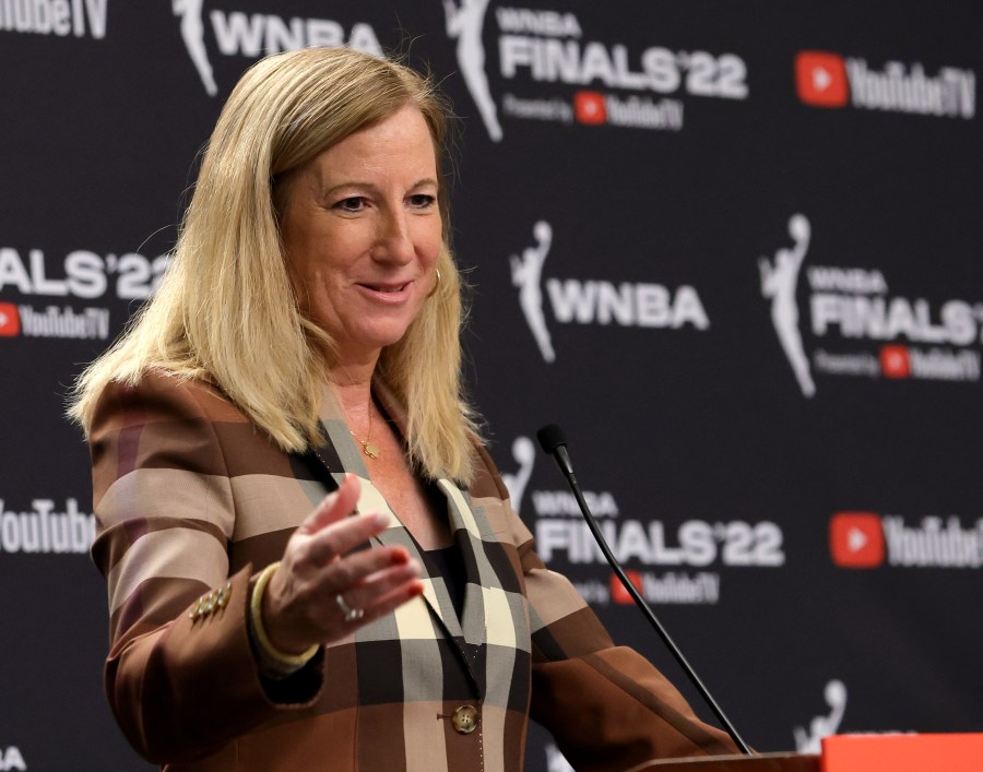 WNBA Commissioner Cathy Engelbert speaks during a news conference before Game One of the 2022 WNBA Playoffs finals between the Connecticut Sun and the Las Vegas Aces at Michelob ULTRA Arena on September 11, 2022 in Las Vegas, Nevada. NOTE TO USER: User expressly acknowledges and agrees that, by downloading and or using this photograph, User is consenting to the terms and conditions of the Getty Images License Agreement. (Photo by Ethan Miller/Getty Images)