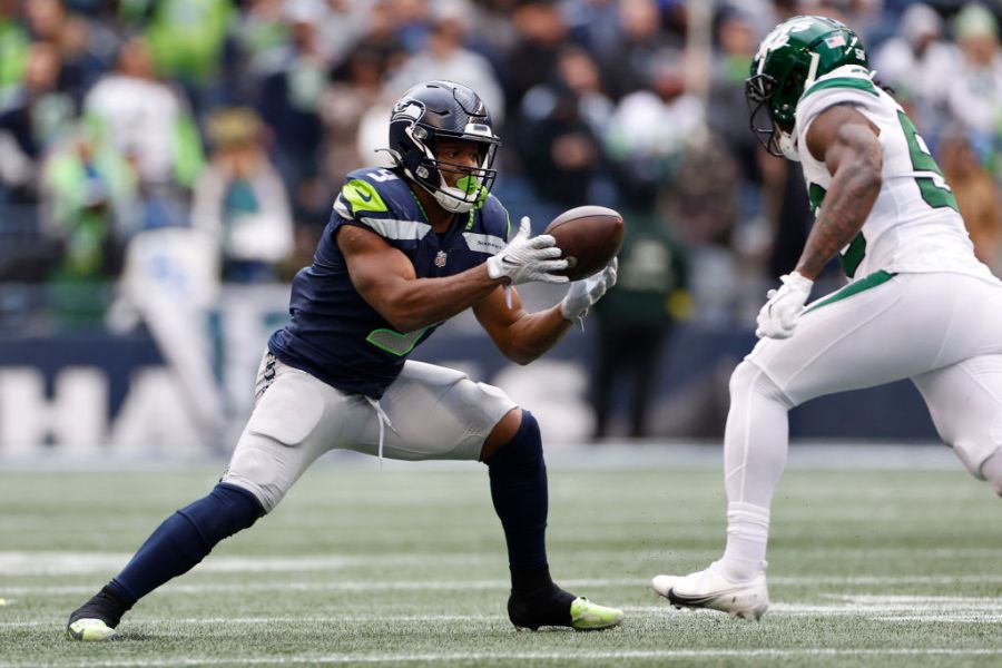 Kenneth Walker III #9 of the Seattle Seahawks catches a pass during the first half in the game against the New York Jets at Lumen Field on January 01, 2023 in Seattle, Washington. (Photo by Steph Chambers/Getty Images)