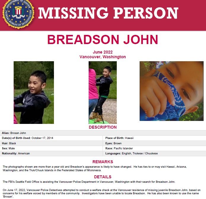 A missing person flyer for Breadson John released by the FBI, January 23, 2023