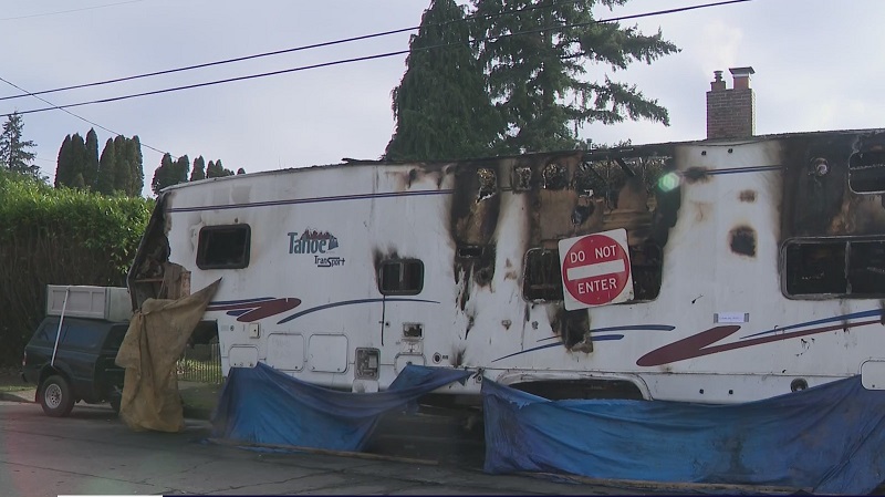 A propane tank explosion is believed to be the cause of this RV fire on N. Lombard in Portland, January 21, 2022 (KOIN)