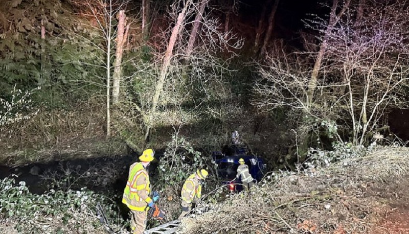 Drivers of 2 cars that went down an embankment on NW Cornelius Pass Road were rescued, January 29, 2023 (TVFR)