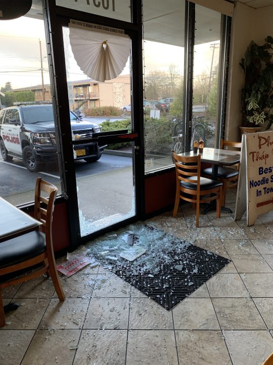 Front door of Pho Thap Ba was completely shattered in a burglary on Monday, Jan. 17, 2023