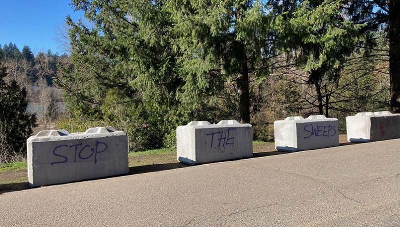 Dozens of concrete blocks were installed on road near Oaks Amusement Park in Portland, January 30, 2023 (KOIN)