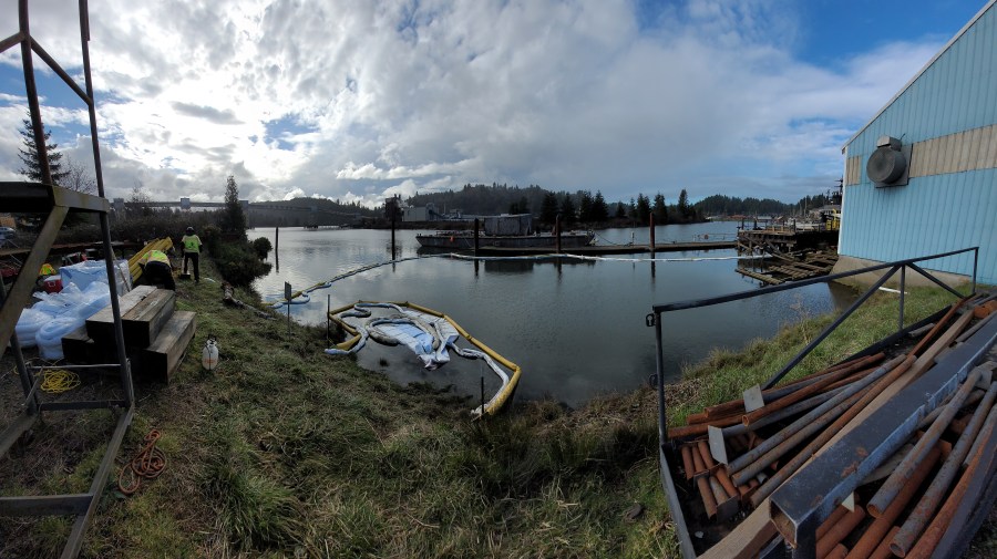 A train derailment at the Georgia-Pacific Mill in Toledo, Ore. spilled about 2,000 gallons of diesel on Friday, Feb. 10, 2023 and state officials said some of it entered a slough that feeds into the Yaquina River.