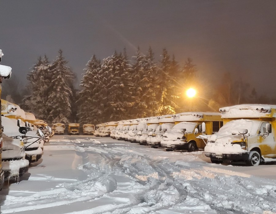 Portland Public Schools buses covered in snow 