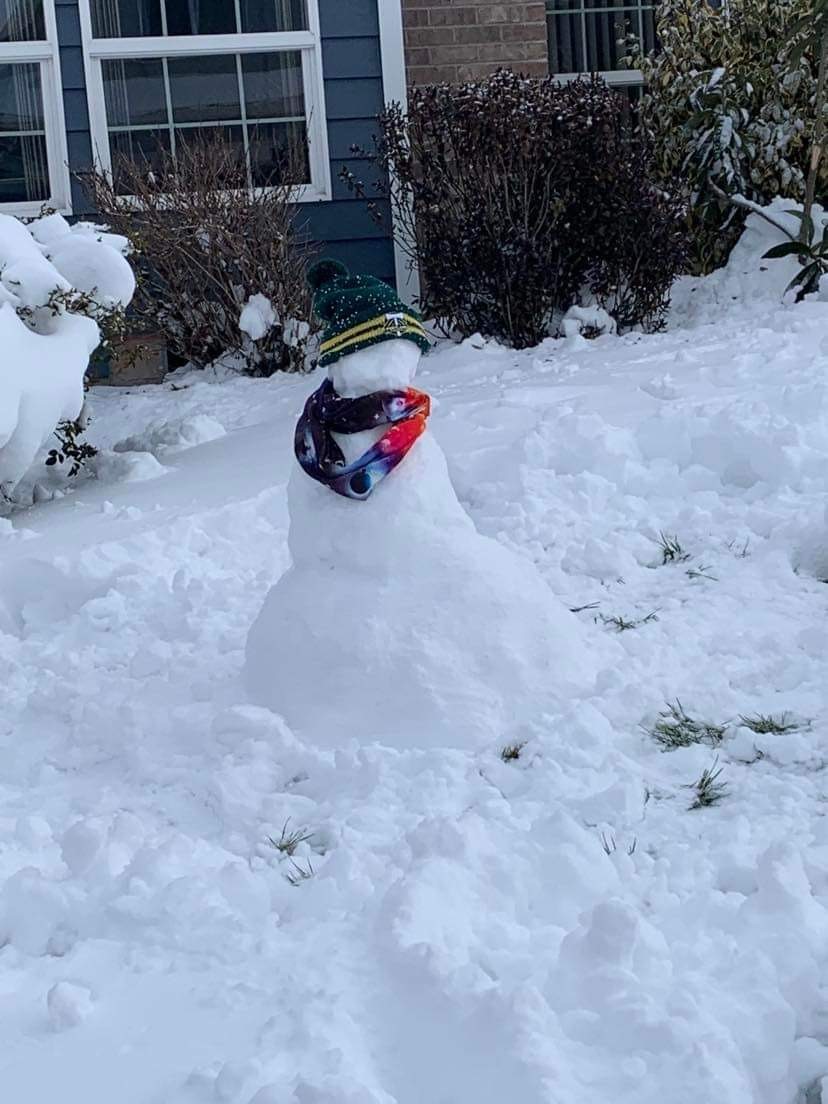 Portland snowman wears Timbers merch