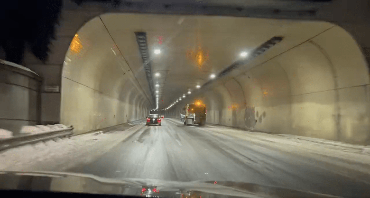 Icy roads heading into tunnel on Highway 26 on Friday, Feb. 24, 2023