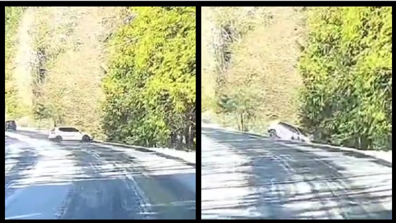 Screen grabs from dashcam showing a car spinning out and going off a cliff along Hwy 26 in Clatsop County, February 25, 2023 (Kasey Brooks)