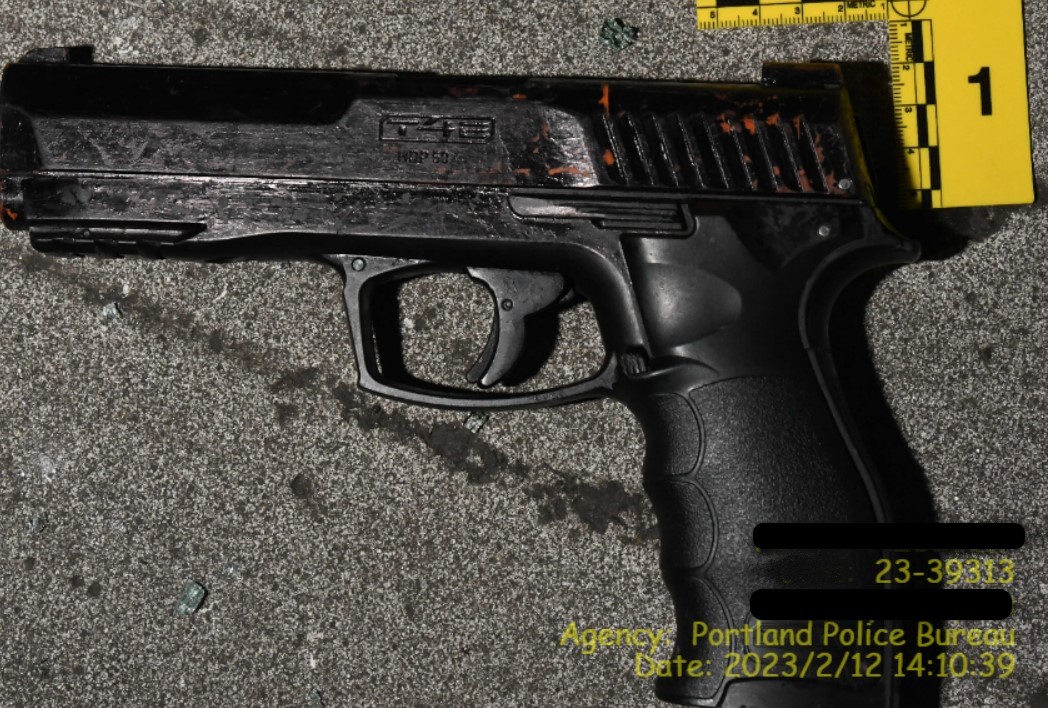 A Portland officer hit an accused car thief on the side of his head with a shotgun after the suspect allegedly reached for a replica gun, according to the Portland Police Bureau.