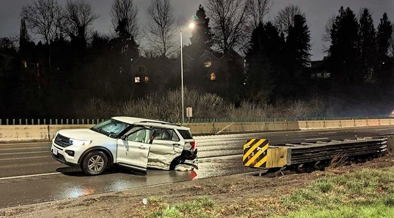 A wrong-way driver on I-5 slammed into this Ford Explorer on I-5 near South Corbett Avenue, February 4, 2023 (PPB)