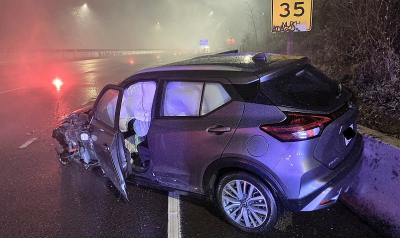 The driver of this Nissan Kicks was driving the wrong way on I-5 and crashed into a car, February 4, 2023 (PPB)