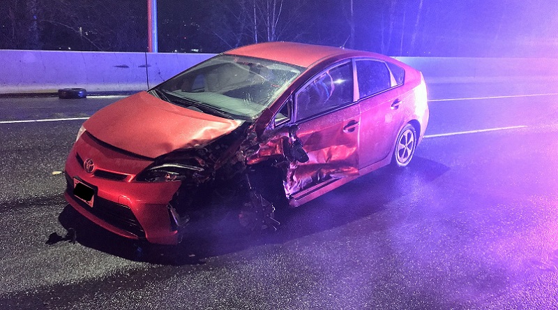 The driver of this Toyota Prius was driving the wrong way on I-5 and crashed into a car, February 4, 2023 (PPB)