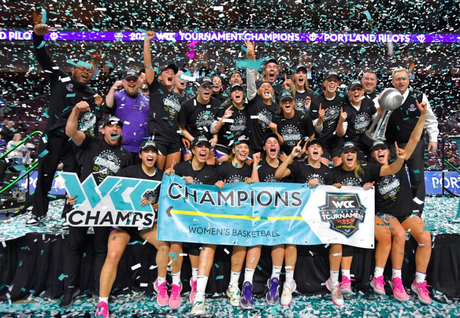 Portland celebrates after defeating Gonzaga in an NCAA college basketball game in the finals of the West Coast Conference women's tournament Tuesday, March 7, 2023, in Las Vegas. (AP Photo/David Becker)