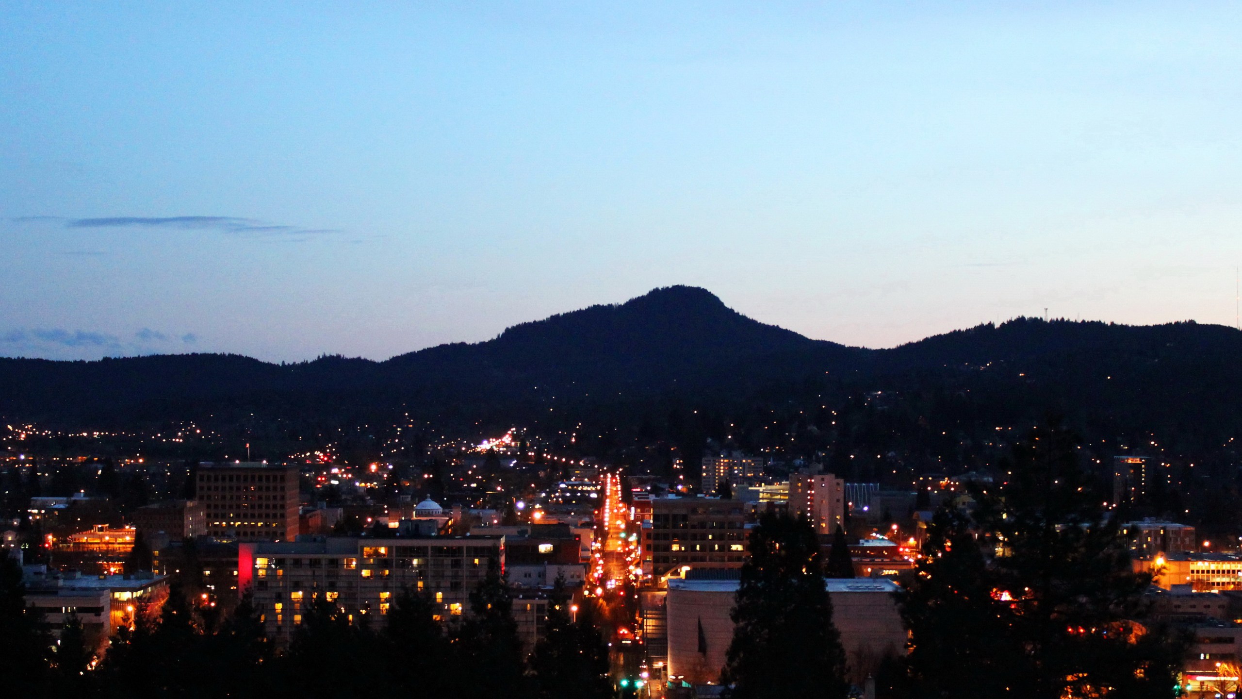 Eugene, Oregon at night. Centered on Willamette Street. The defining artery of the city.