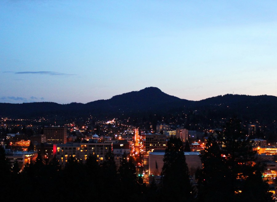 Eugene, Oregon at night. Centered on Willamette Street. The defining artery of the city.