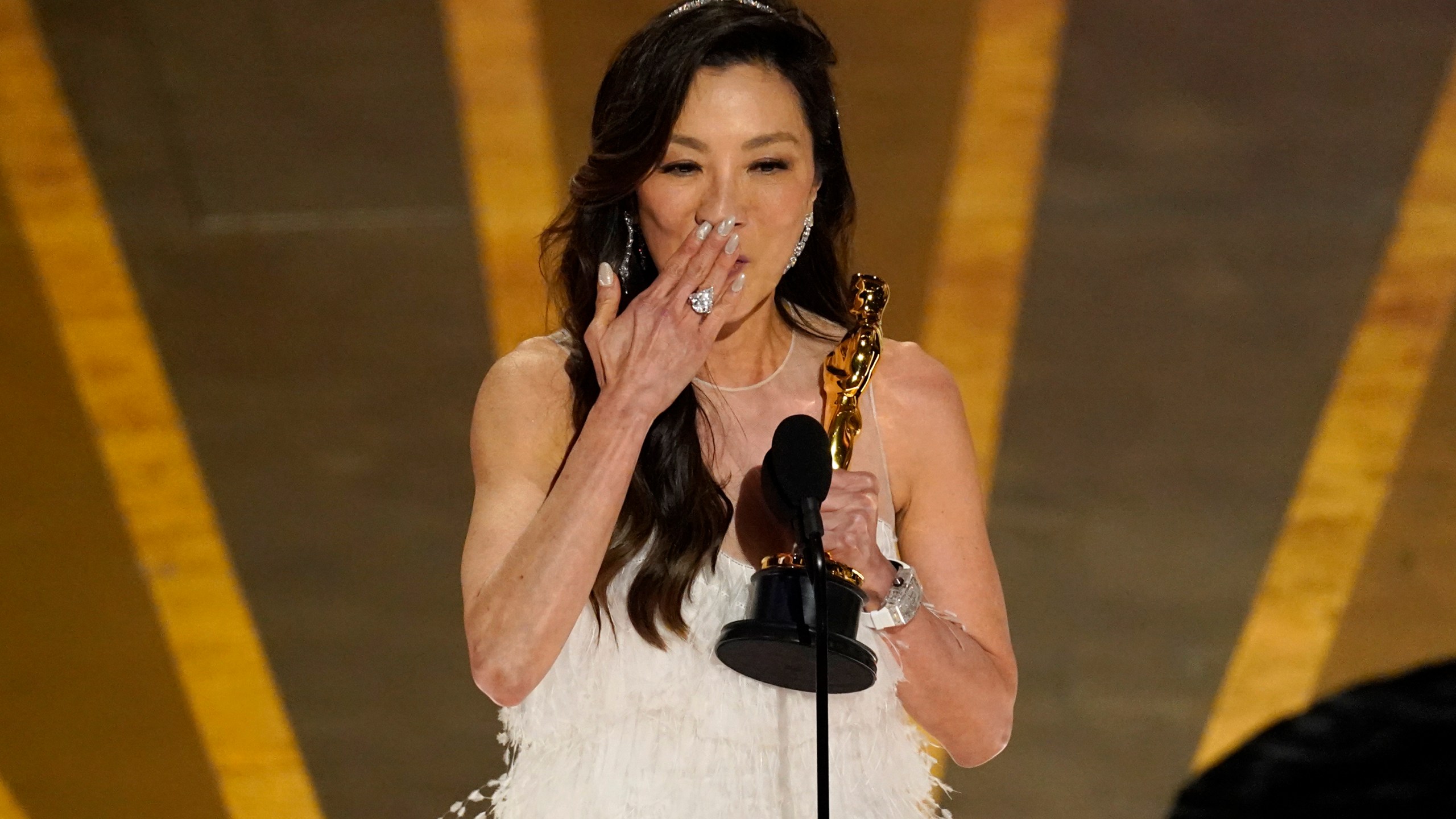 Michelle Yeoh won the Academy Award for Best Actress for her role in Everything Everywhere All At Once, March 12, 2023 (AP)