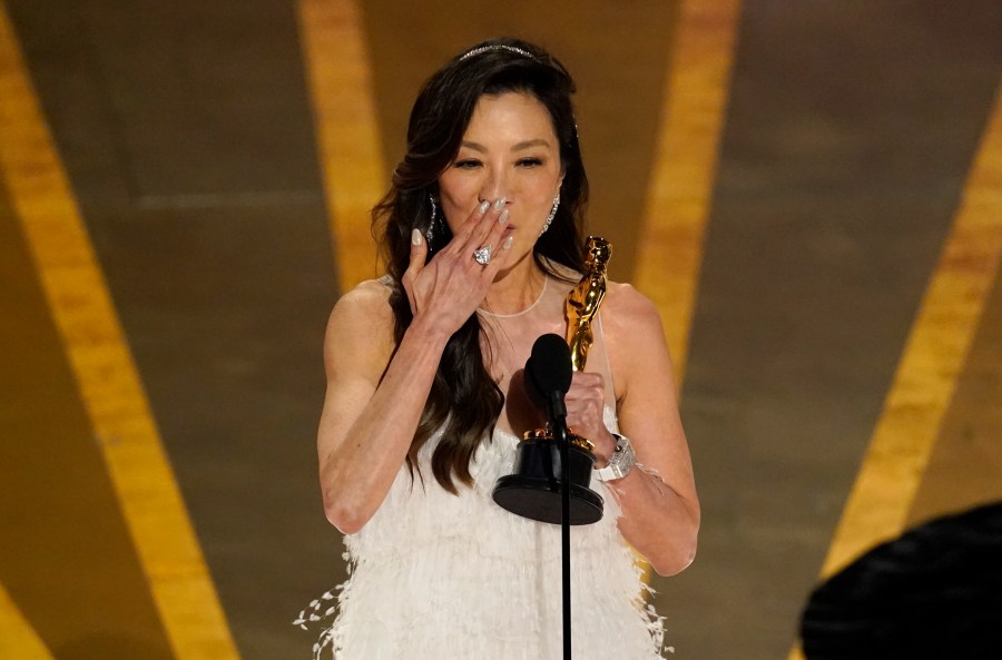 Michelle Yeoh won the Academy Award for Best Actress for her role in Everything Everywhere All At Once, March 12, 2023 (AP)