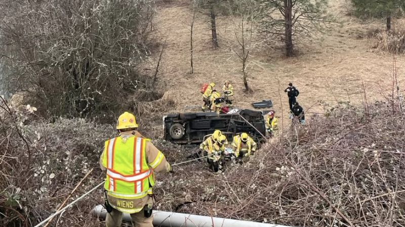 Person pulled from truck that crashed down a 30-foot embankment in Beaverton on Wednesday, March 1, 2023