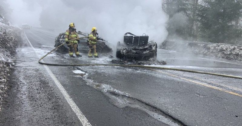 Two people escaped with minor injuries from a fiery, head-on crash on Hwy 6 in Forest Grove, March 11, 2023 (Washington County Sheriff's Office)