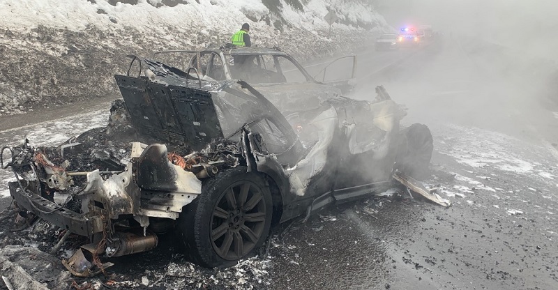 Two people escaped with minor injuries from a fiery, head-on crash on Hwy 6 in Forest Grove, March 11, 2023 (Washington County Sheriff's Office)