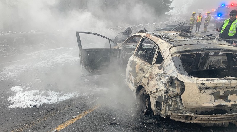 Two people escaped with minor injuries from a fiery, head-on crash on Hwy 6 in Forest Grove, March 11, 2023 (Washington County Sheriff's Office)