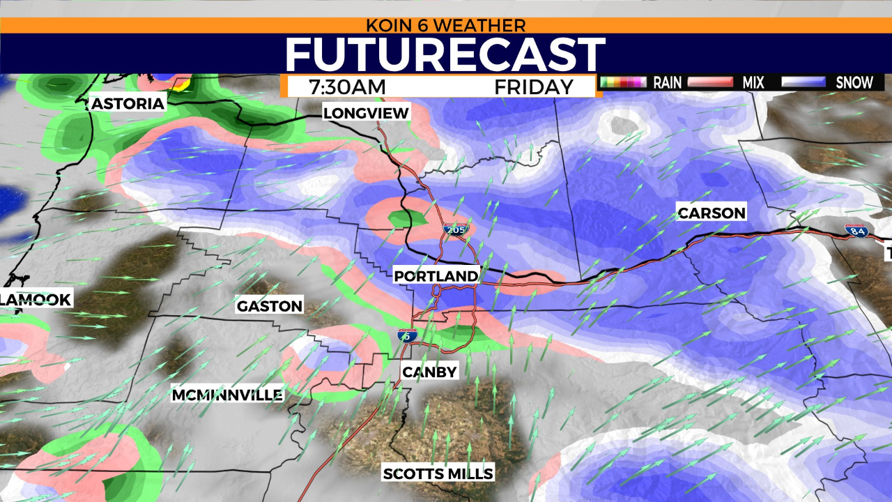 A Futurecast image of expected snow, rain and snow/rain mix in the Portland metro area around 7:30 a.m. on Friday, March 24, 2023.